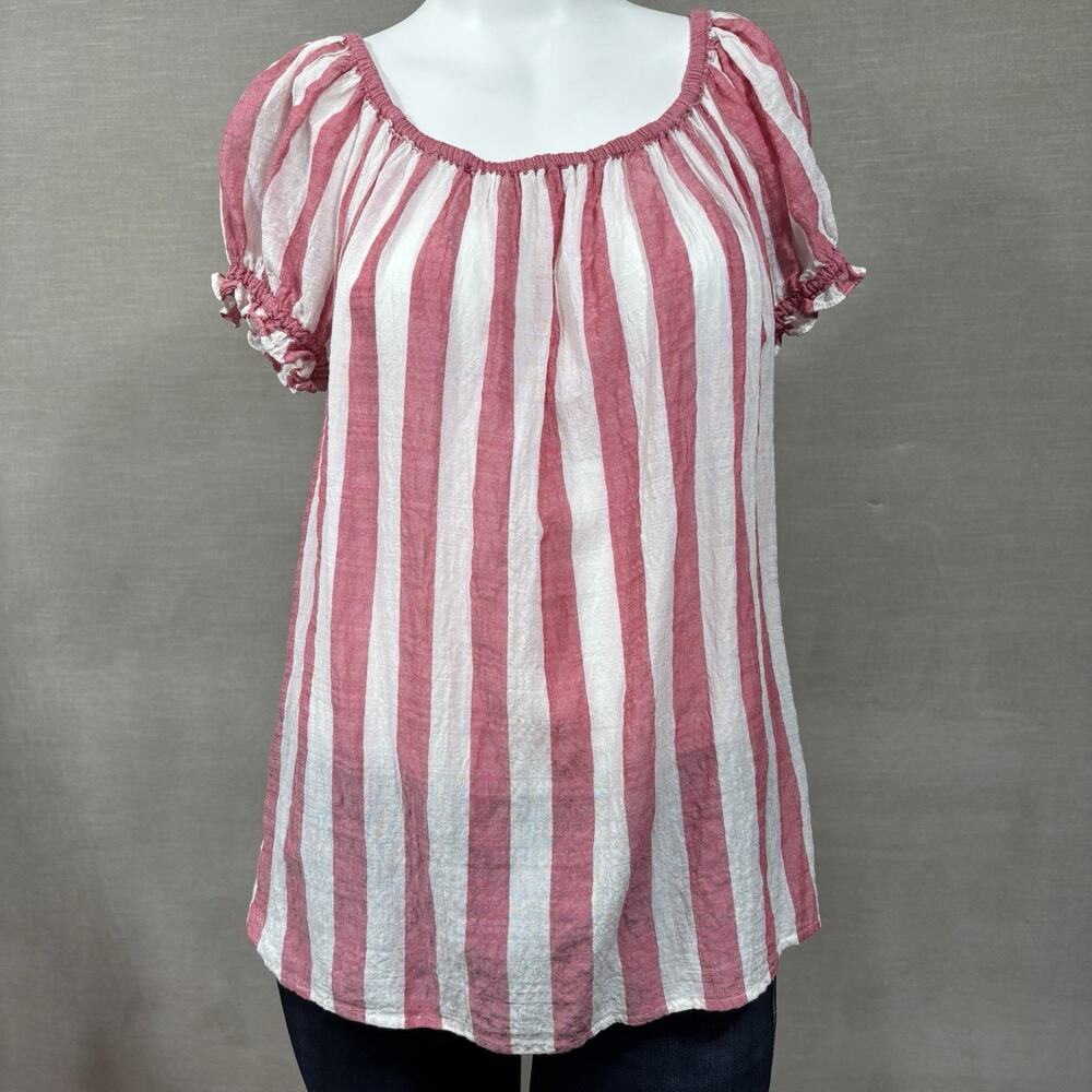 Max Studio Womens Off Shoulder Tunic Top Pink Stiped Nedium‎ Short Sleeve Puff